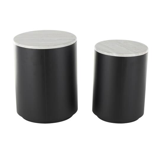 Black Metal Nesting Accent Table with Faux White Marble Top Set